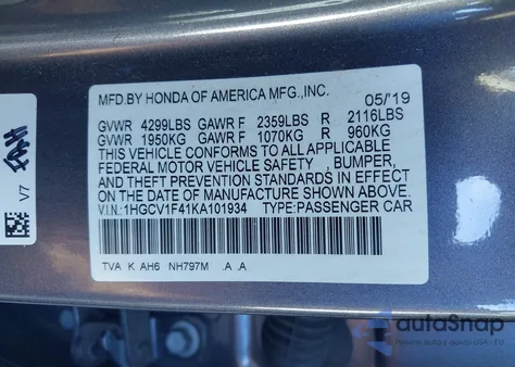 2019 Honda Accord Ex from USA, damaged, VIN 1HGCV1F41KA101934